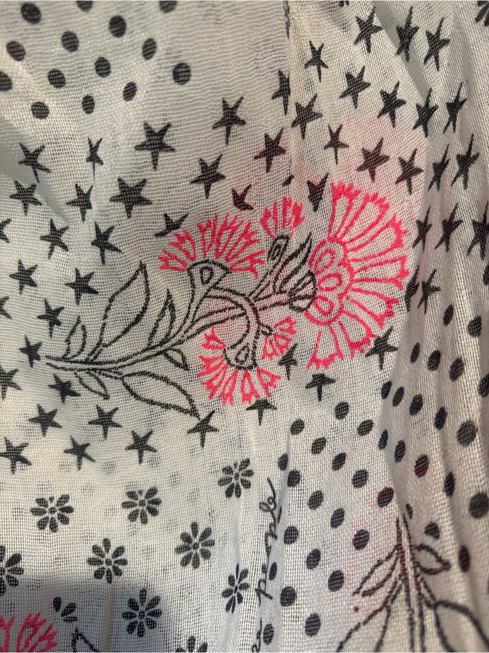 Free People White Scarf with Black Stars, Polka Dots & Pink Floral Embroidery